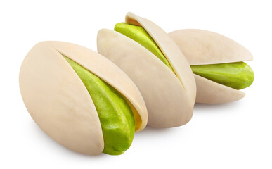 Three pistachios, isolated on white background