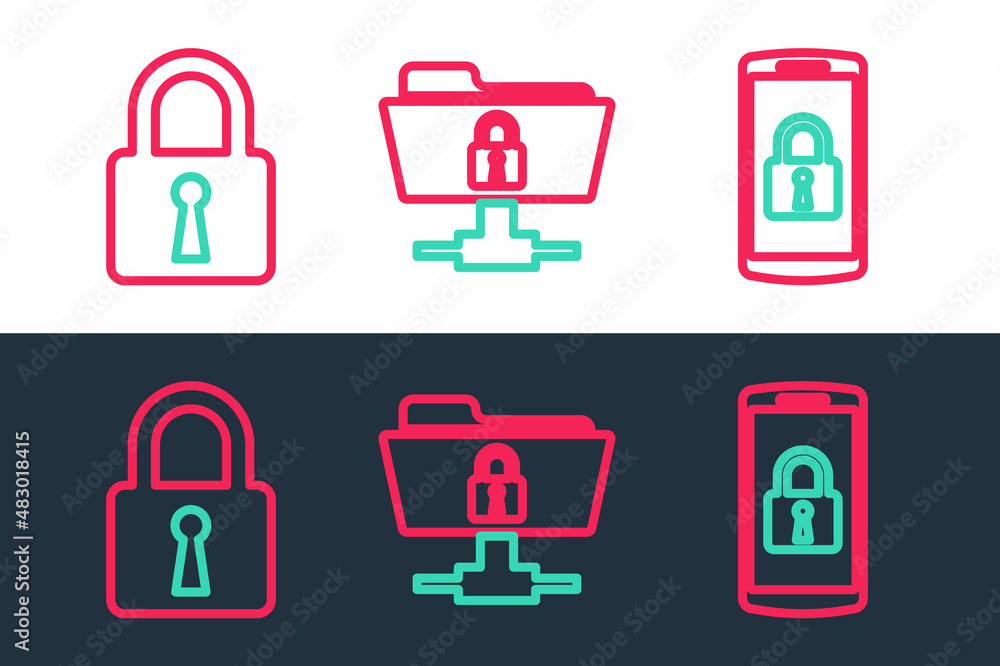 Poster set line smartphone with lock, lock and ftp folder and icon. vector