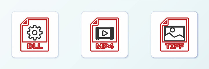 Set line TIFF file document, DLL and MP4 icon. Vector
