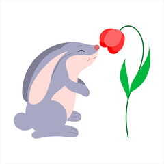 A cartoon character, a hare or a rabbit sniffs a flower. Vector isolated on a white background.