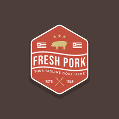 vintage retro pig pork butchery meat shop restaurant sticker emblem badge typography logo template vector illustration design