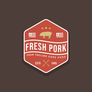 Vintage Retro Pig Pork Butchery Meat Shop Restaurant Sticker Emblem Badge Typography Logo Template Vector Illustration Design