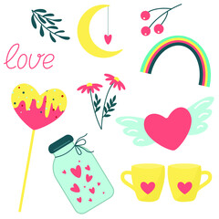 romantic collection with heart rainbow lollipop moon jar and flower 