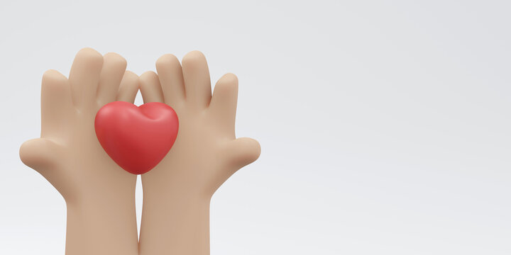 3D Rendering of hand with heart shape and copy space isolated on white background concept of valentine's day, love expression, social support and donation. 3D render illustration cartoon style.