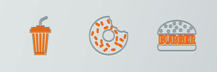 Set line Burger, Glass with water and Donut icon. Vector