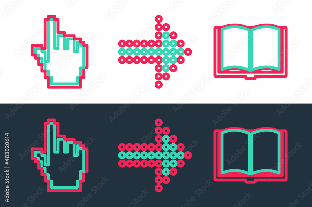 Poster set line open book, pixel hand cursor and dots arrow icon. vector