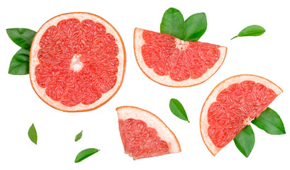 Slices of grapefruit isolated on white, flat lay top view