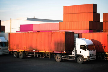 Truck in container yard view of import and export