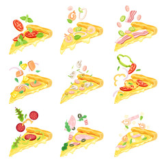 Tasty fresh hot slices of pizza with various ingredients vector illustration