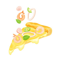 Slice of pizza shrimp, pepper, onion and basil leaves. Tasty Italian fast food vector illustration