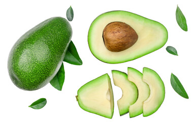 Avocado and slices isolated on a white background, top view