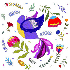 Seamless pattern with birds. Seamless pattern with cartoon chicken. Ethnic bird in bright colors. Colorful fabulous bird of paradise among decorative flowers and leaves.