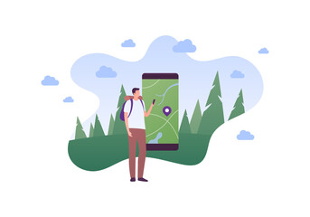 Tourism and hike adventure concept. Vector flat people illustration. Man tourist with smartphone in hands and backpack. Map with pin on smart phone screen. Forest and sky on background. - obrazy, fototapety, plakaty