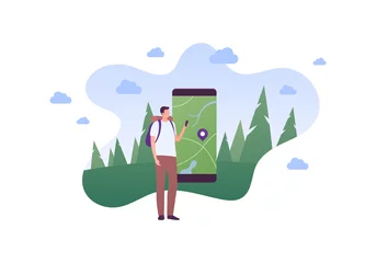Foto op Canvas Tourism and hike adventure concept. Vector flat people illustration. Man tourist with smartphone in hands and backpack. Map with pin on smart phone screen. Forest and sky on background. © tasty_cat