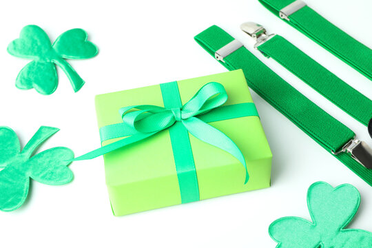 Different St.Patrick's Day accessories on white background