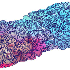 Vector color abstract hand-drawn hair pattern frame with waves and clouds