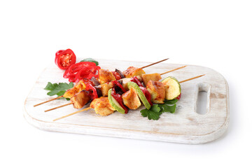 Concept of tasty food with chicken shashlik isolated on white background