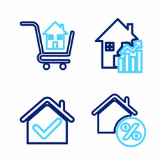 Set line House with percant, check mark, Rising cost of housing and Shopping cart house icon. Vector
