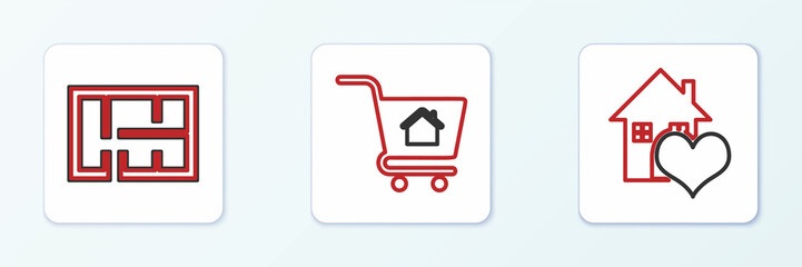 Set line House with heart shape, plan and Shopping cart house icon. Vector