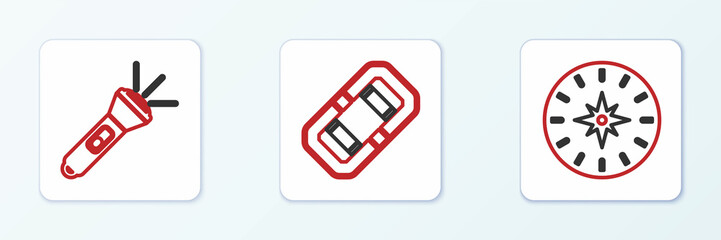 Set line Compass, Flashlight and Rafting boat icon. Vector