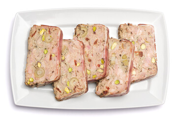 Sliced Traditional French terrine covered with bacon isolated on white background