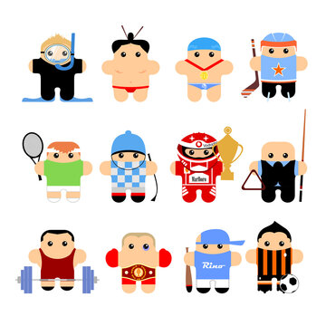 Set of funny cartoon characters: diver, swimmer, sumo, ice hockey, tennis, jockey, racing driver, billiard player, weightlifter, boxer, baseball, football
