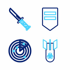 Set line Biohazard bomb, Radar with targets, Chevron and Military knife icon. Vector