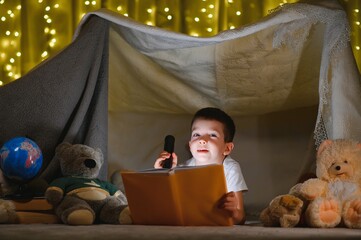Obraz na płótnie Canvas boy reading book with flashlight in tent at night