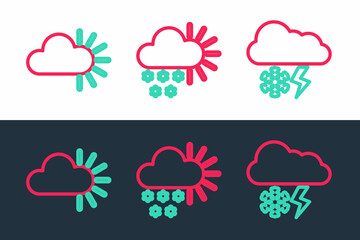 Set line Cloud with snow and lightning, Cloudy and icon. Vector