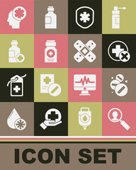 Set Medical analysis, Medicine pill or tablet, Cross hospital medical, shield with cross, bottle, Bottle of medicine syrup, Male head and Crossed bandage plaster icon. Vector