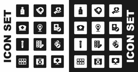 Set Heart with a cross, Map pointer hospital, Nurse hat, Bottle of medicine syrup, Medical prescription, Emergency phone call to, Medicine pill or tablet and Test tube blood icon. Vector