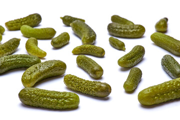 Background made of Tasty Whole green cornichons on white