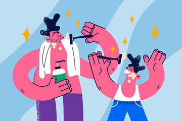 Loving dad teach small son shaving in bath 