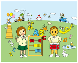 笑顔の女の子がそろばんを持って、算数や英語の勉強をしたり、
男の子が楽器を演奏したり、滑り台を滑ったり、プールで遊んだりしているベクターイラスト。
園児募集ポスター。