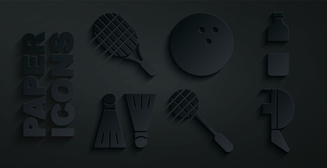 Set Tennis racket, Bottle of water, Rubber flippers for swimming, Fencing helmet mask, Bowling ball and icon. Vector © Kostiantyn