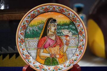 Indian Traditional Paintings - Miniature Painting of a woman on clay plate. Indian queen, princess portrait with pigeon bird - inspired by 16th century India Rajput style of art. Painted plates.