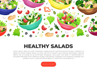 Healthy salad web banner. Healthy diet menu, tasty organic natural meal landing page vector illustration