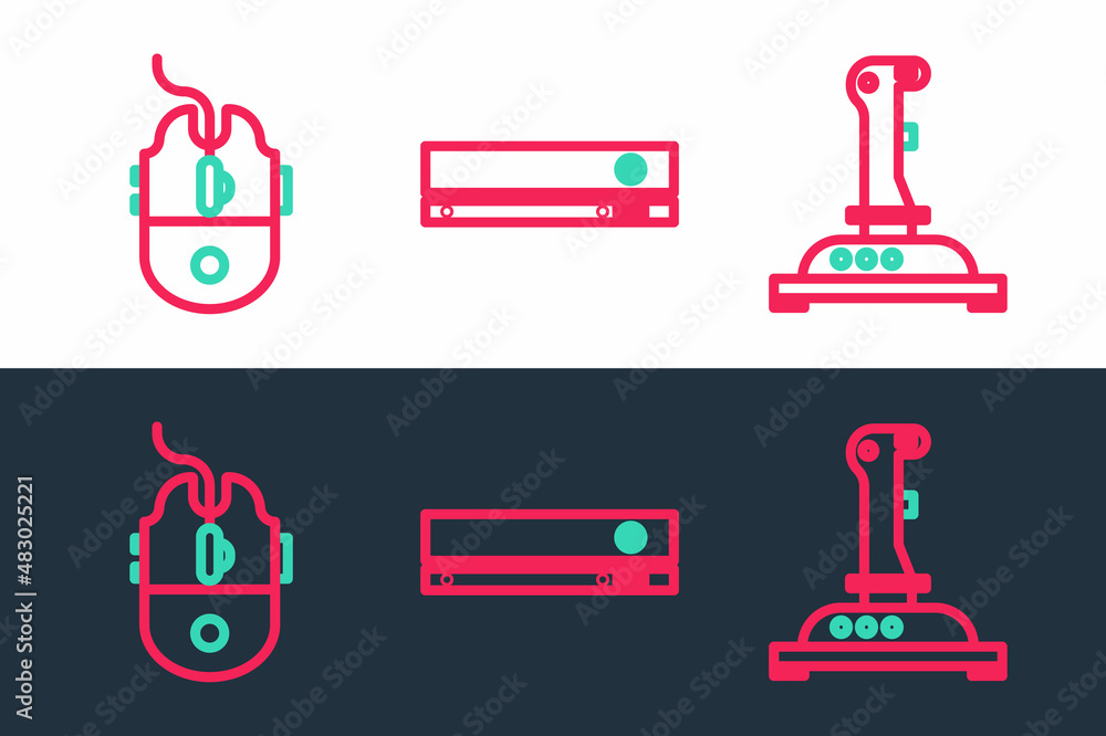 Poster set line joystick for arcade machine, computer mouse gaming and video game console icon. vector