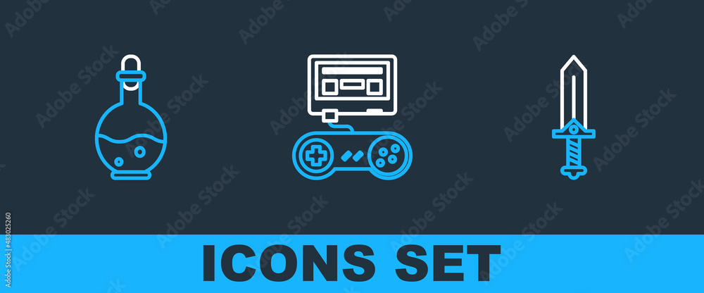 Aufkleber set line sword for game, bottle with magic elixir and game console joystick icon. vector