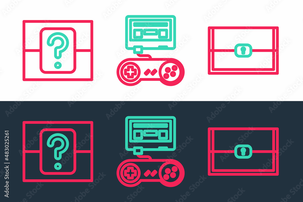 Poster set line chest for game, mystery random box and game console with joystick icon. vector
