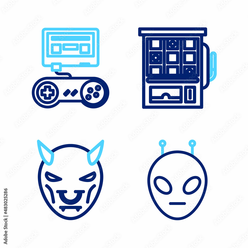 Poster set line alien, mask of the devil with horns, slot machine and game console joystick icon. vector