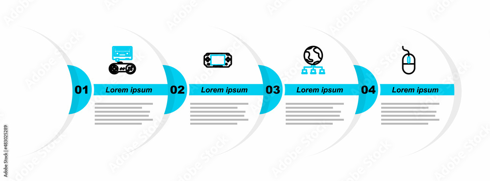 Poster set line computer mouse, network, portable video game console and game with joystick icon. vector