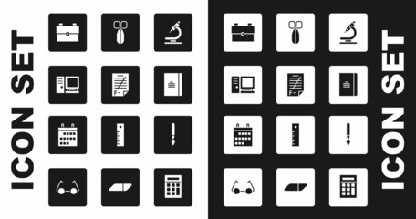 Set Microscope, Exam paper with incorrect answers, Computer monitor, School backpack, Spiral notebook, Scissors, Paint brush and Calendar icon. Vector