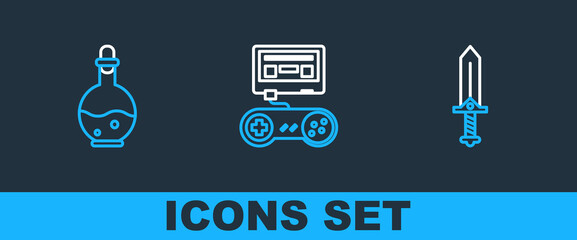 Set line Sword for game, Bottle with magic elixir and Game console joystick icon. Vector © vector_v