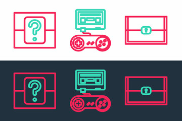 Set line Chest for game, Mystery random box and Game console with joystick icon. Vector