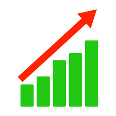 Green bar graph and rising red arrow. Business and finance data. Vectors.