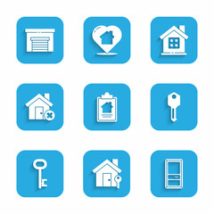 Set House contract, with key, Closed door, wrong mark, and Garage icon. Vector
