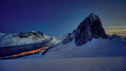 Segla mountain in Northern Norway in night panorama