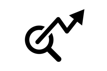 Silhouette icon of a magnifying glass and an ascending arrow.
