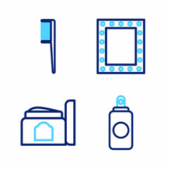 Set line Spray can, Cream cosmetic tube, Makeup mirror with lights and Hairbrush icon. Vector